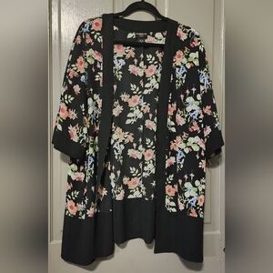 Liz‎ Claiborne Womens Black Floral Kimono Style Wrap Cover Up, Size 0X-1X, EUC